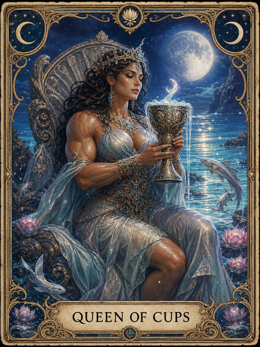 Muscular Queen of Cups card: regal woman in a blue gown holding a jeweled chalice by a moonlit sea.