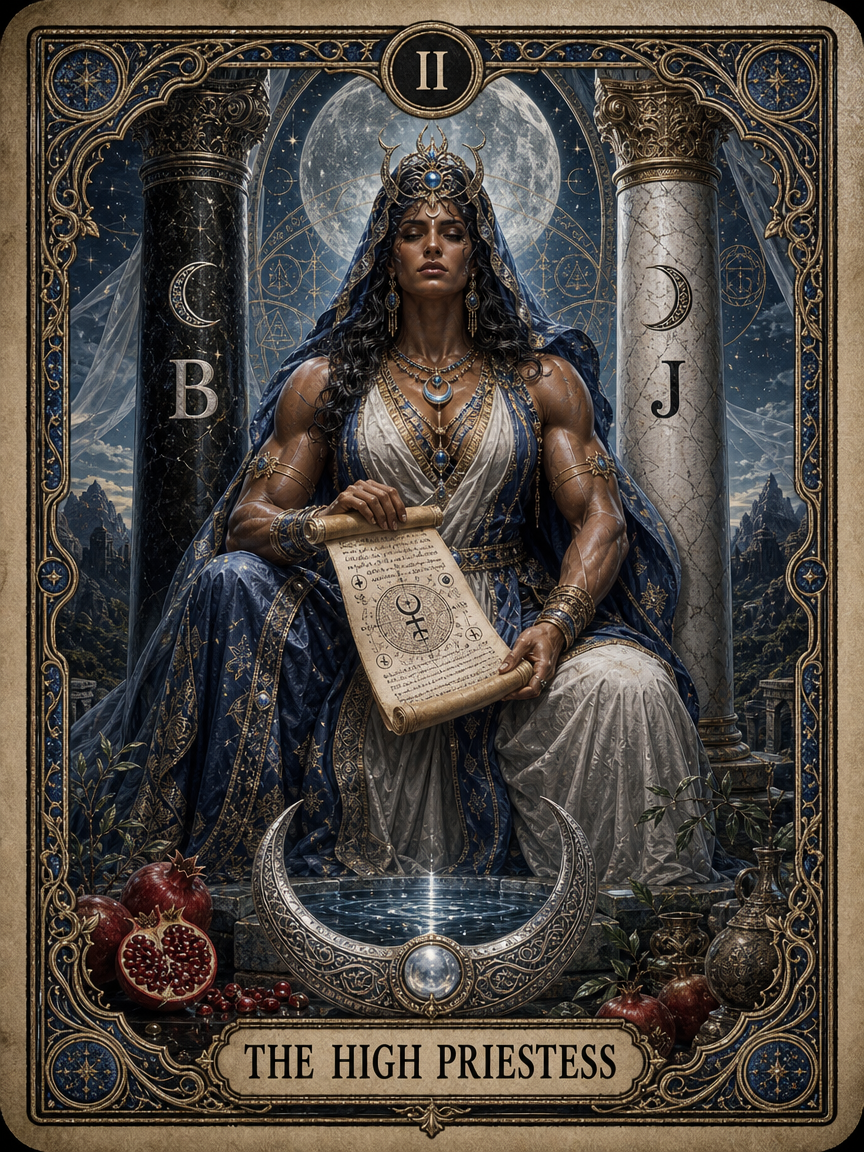 High Priestess tarot card with a regal woman in blue robes holding a scroll between moonlit pillars.