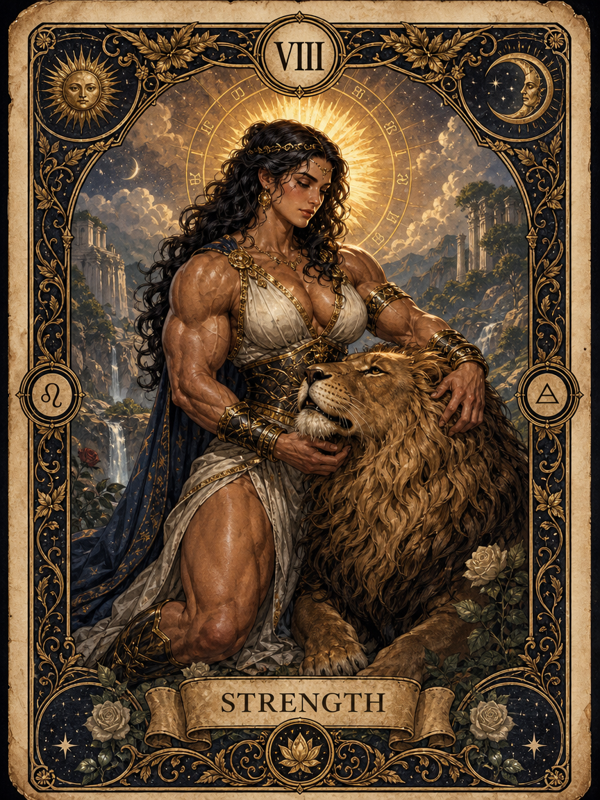 Muscular woman in a white dress petting a lion in an ornate Strength tarot card scene.