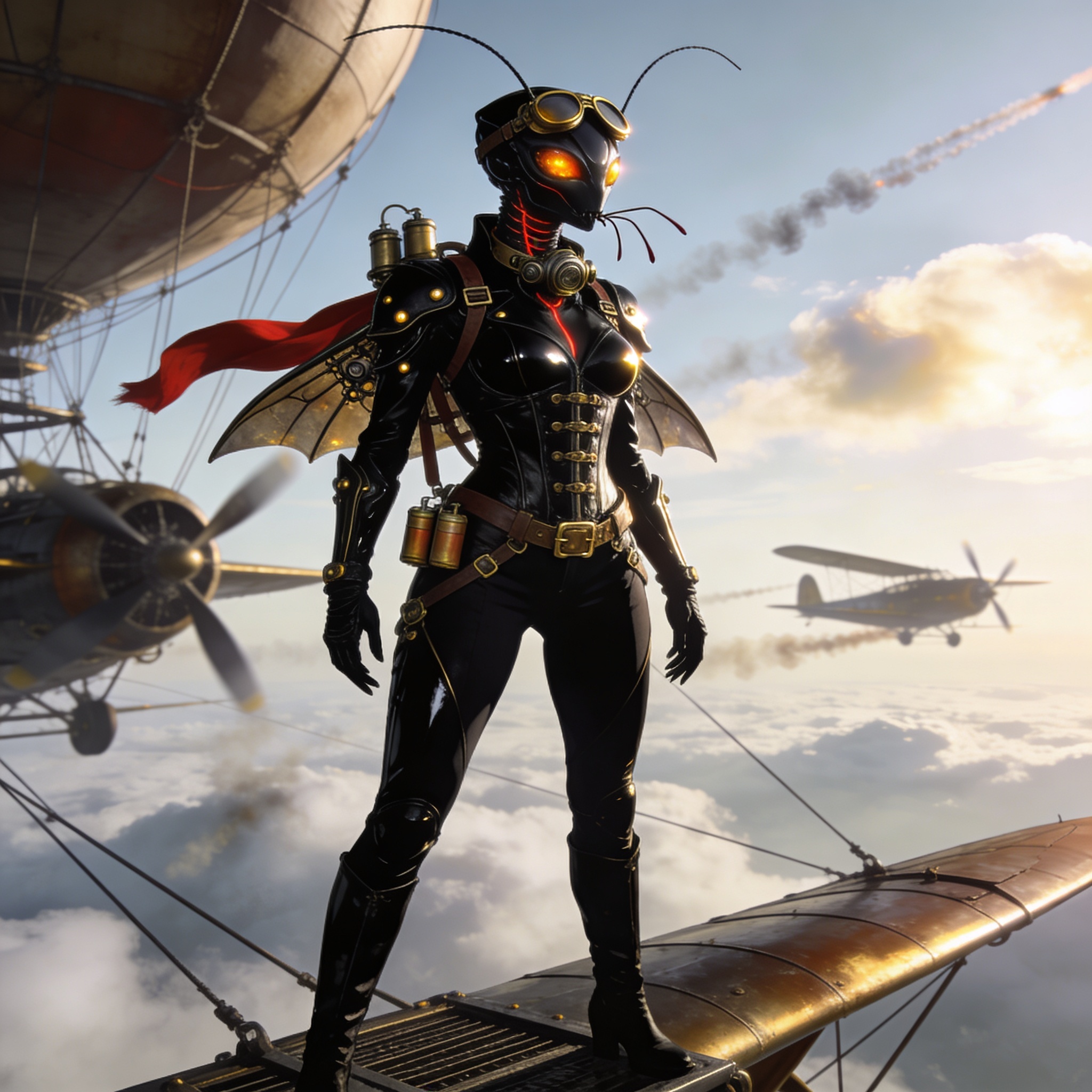 Steampunk insect-inspired armored female superhero standing on an airship hull with goggles and cape.