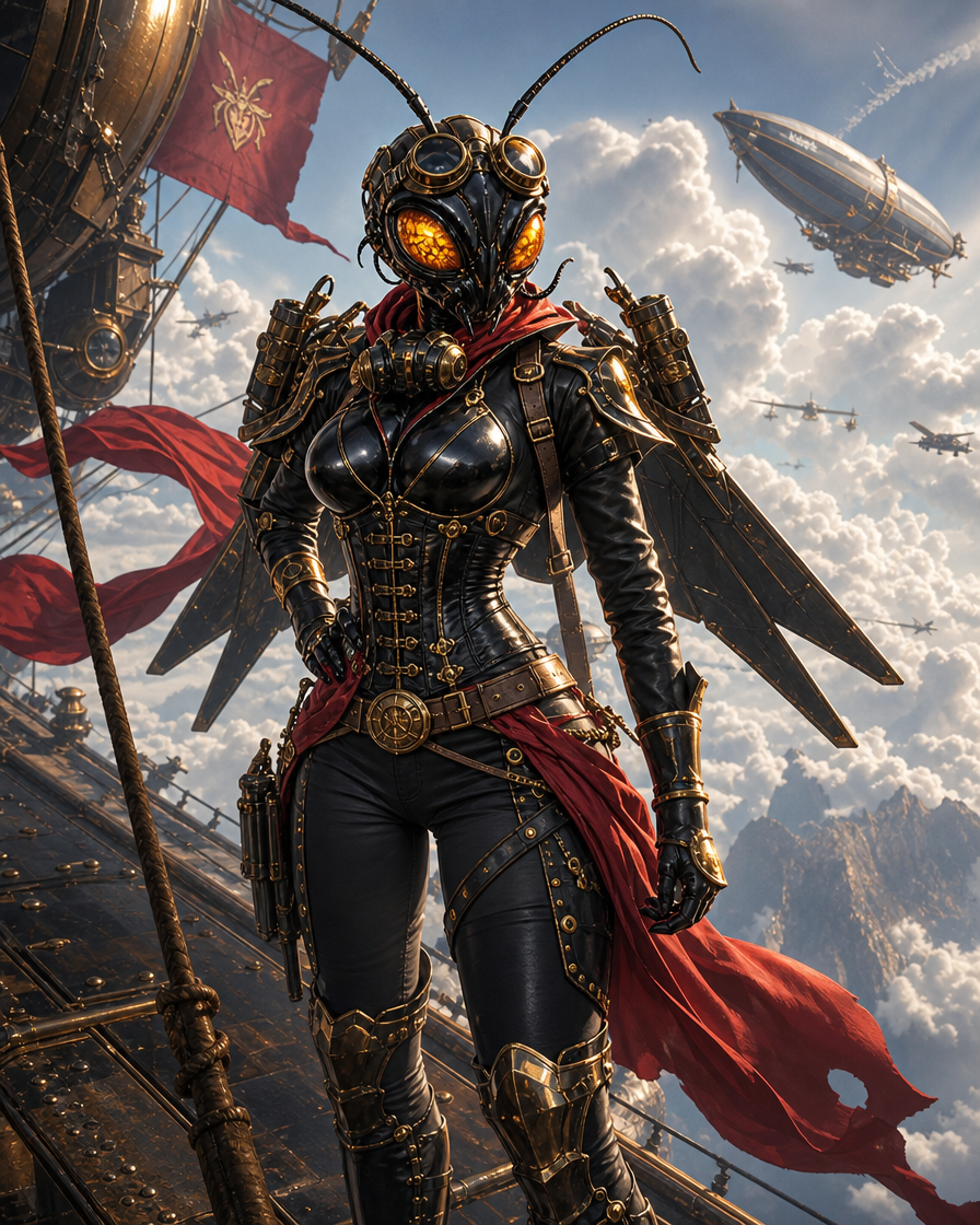 Armored insectoid warrior in steampunk gear with glowing orange eyes and cape on a ship deck.
