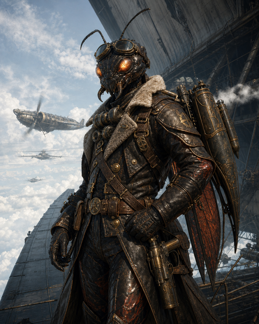 Steampunk armored hunter in dark leather with goggles and feathered fur trim, set against industrial airship backdrop.