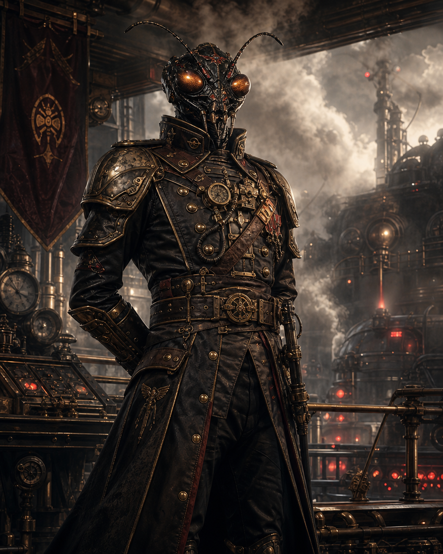 Insect-like steampunk armored figure in a smoky, industrial factory setting with brass gears.