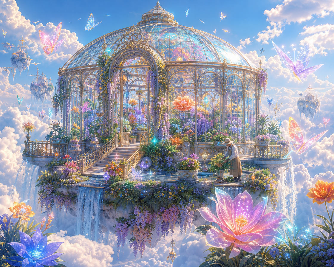 Glass-domed ornate greenhouse on a floating island covered in flowers, set against a dreamy sky.