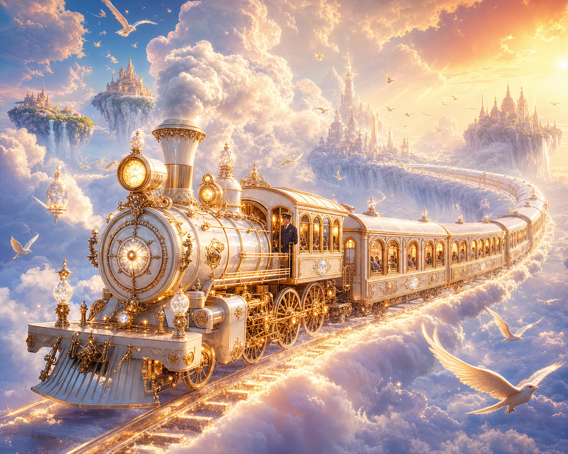 A golden ornate steam train travels along rails through luminous clouds in a fantasy sky.