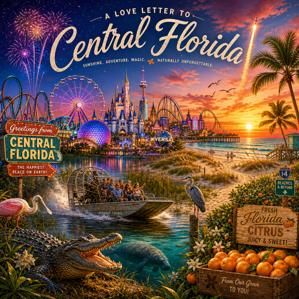 Colorful travel poster of Central Florida with theme parks, beaches, boats, and tropical oranges.