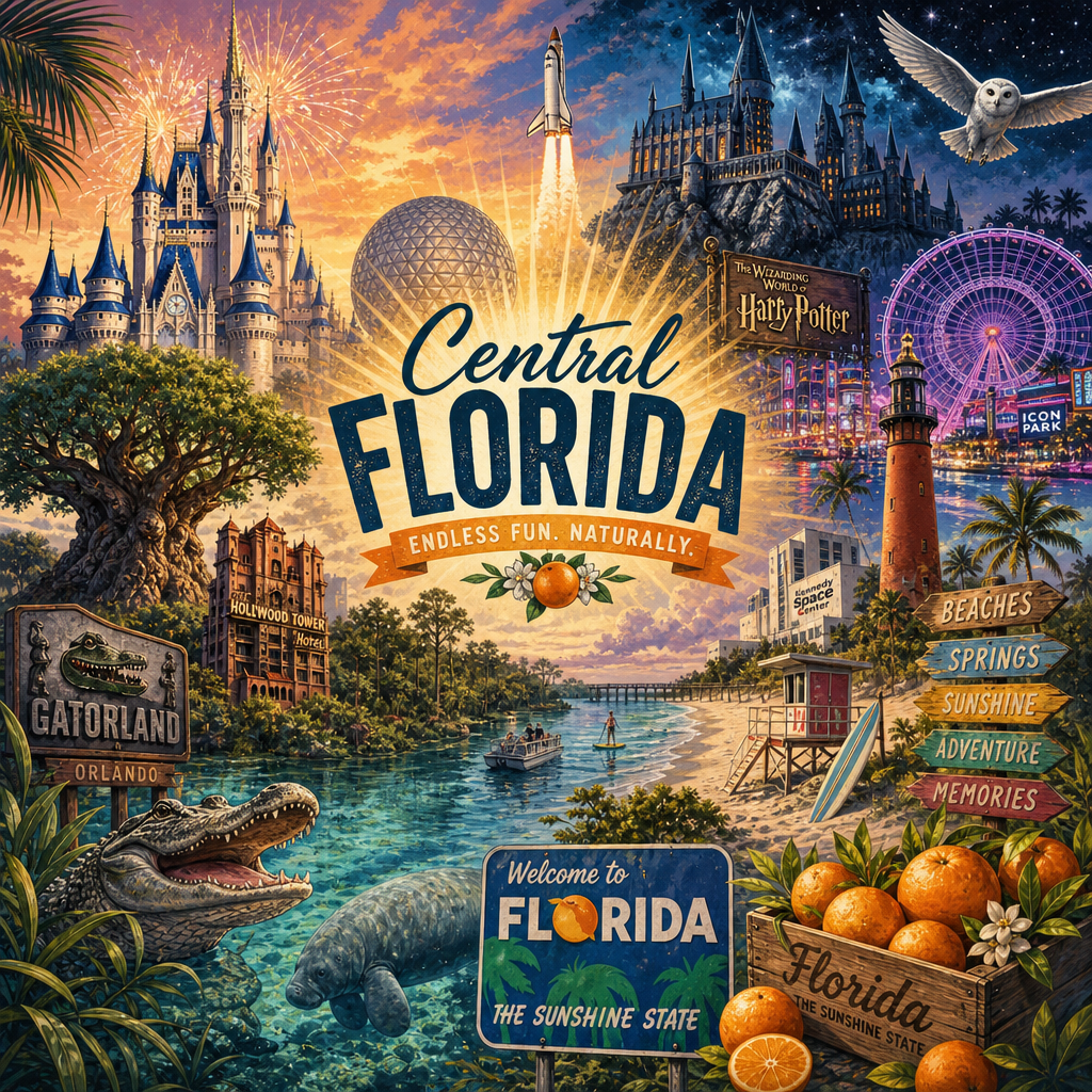 Colorful Central Florida collage featuring Disney castles, Epcot sphere, space rocket, Harry Potter, gatorland sign, beach...