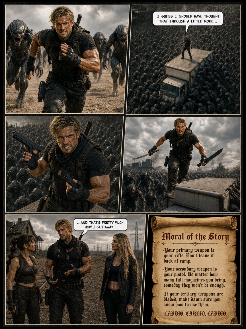 Action-packed collage of a rugged gun-wielding hero leading a crowd of zombies in a post-apocalyptic battlefield.