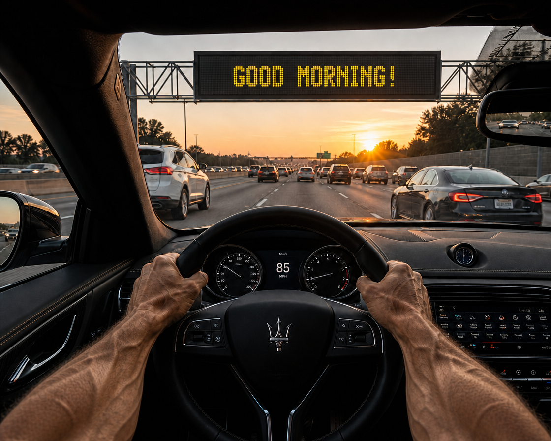 Interior car view from the driver seat with sunset highway and a "GOOD MORNING!" sign on the road