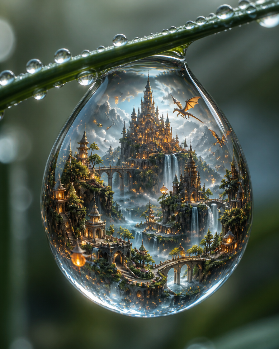 Glass teardrop pendant containing a detailed fantasy city with castles, waterfalls, bridges, and dragons.