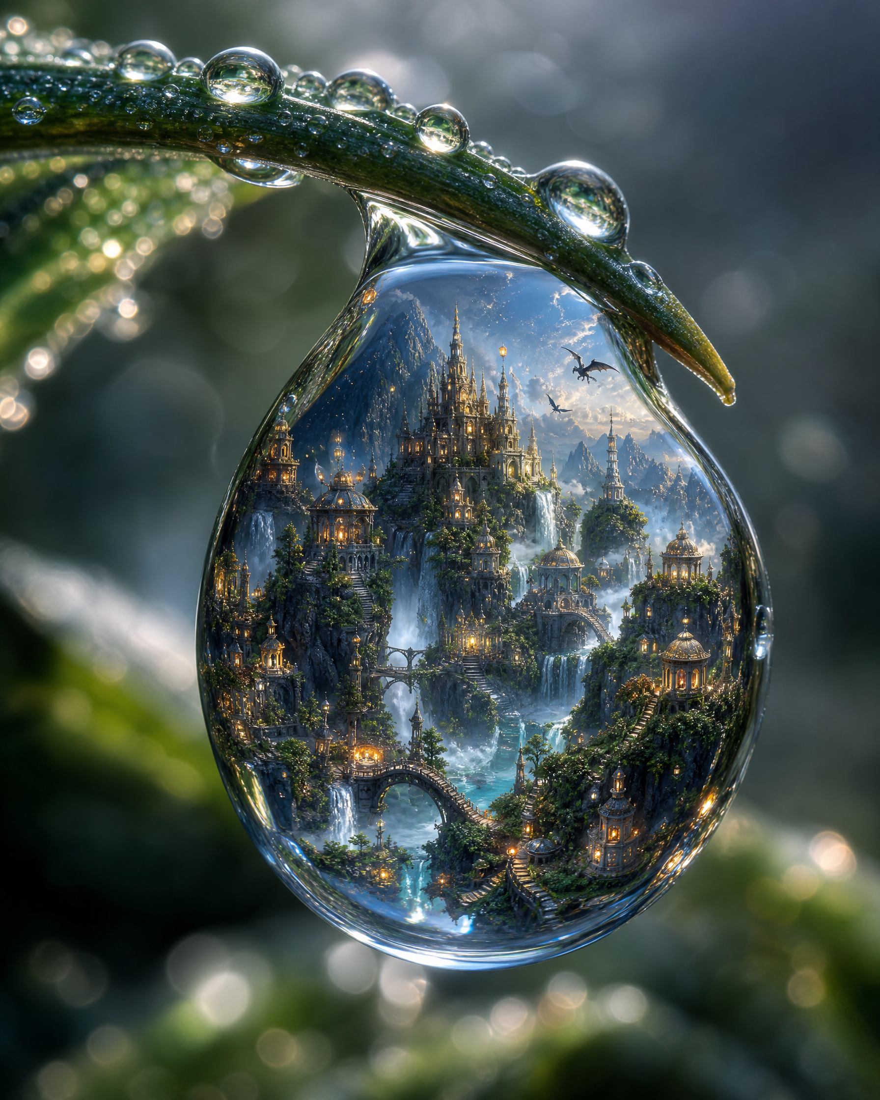 Glass teardrop pendant reflecting a magical fantasy city amid waterfalls.