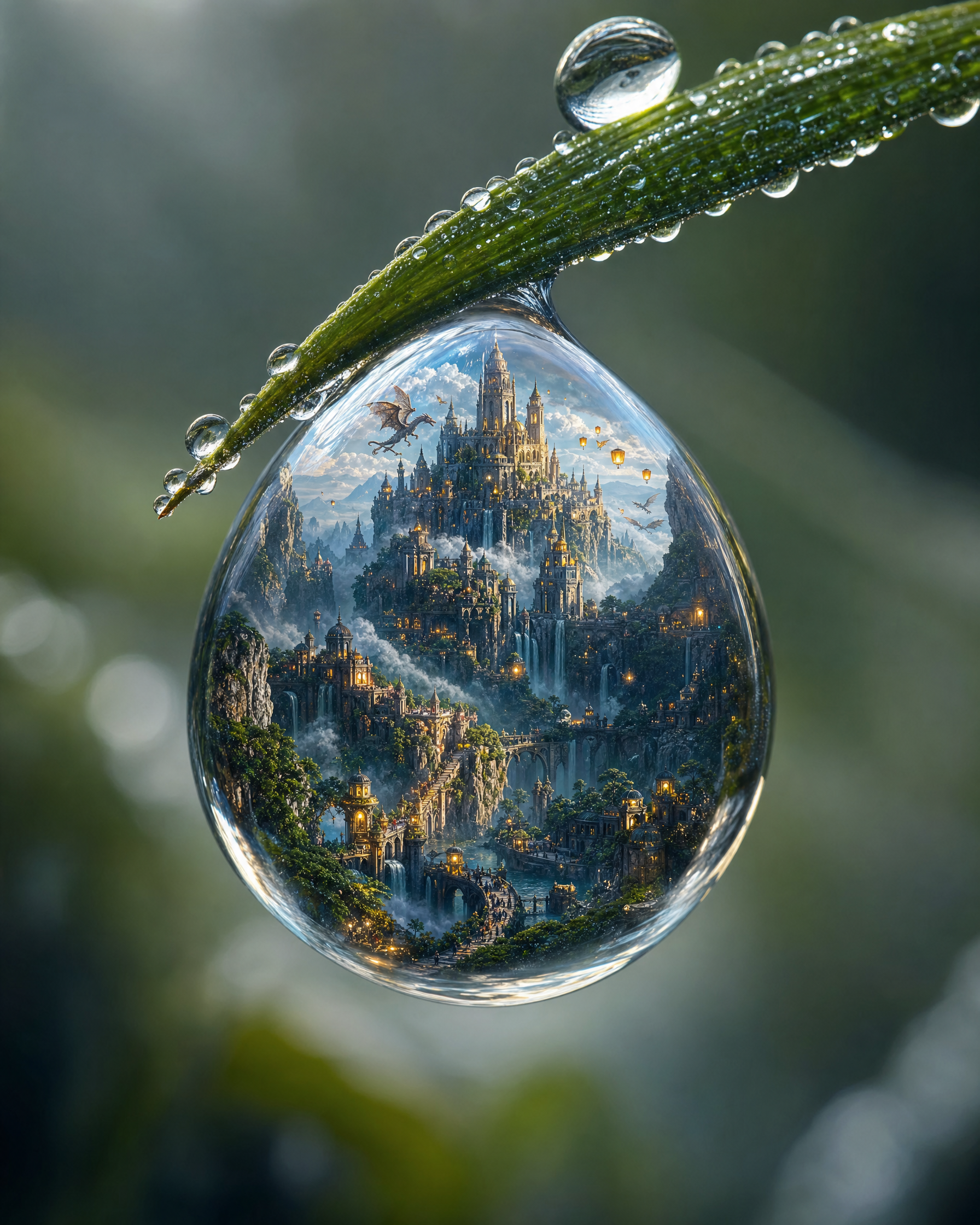 Crystal glass droplet hanging on a blade of grass, reflecting a fantasy castle city.