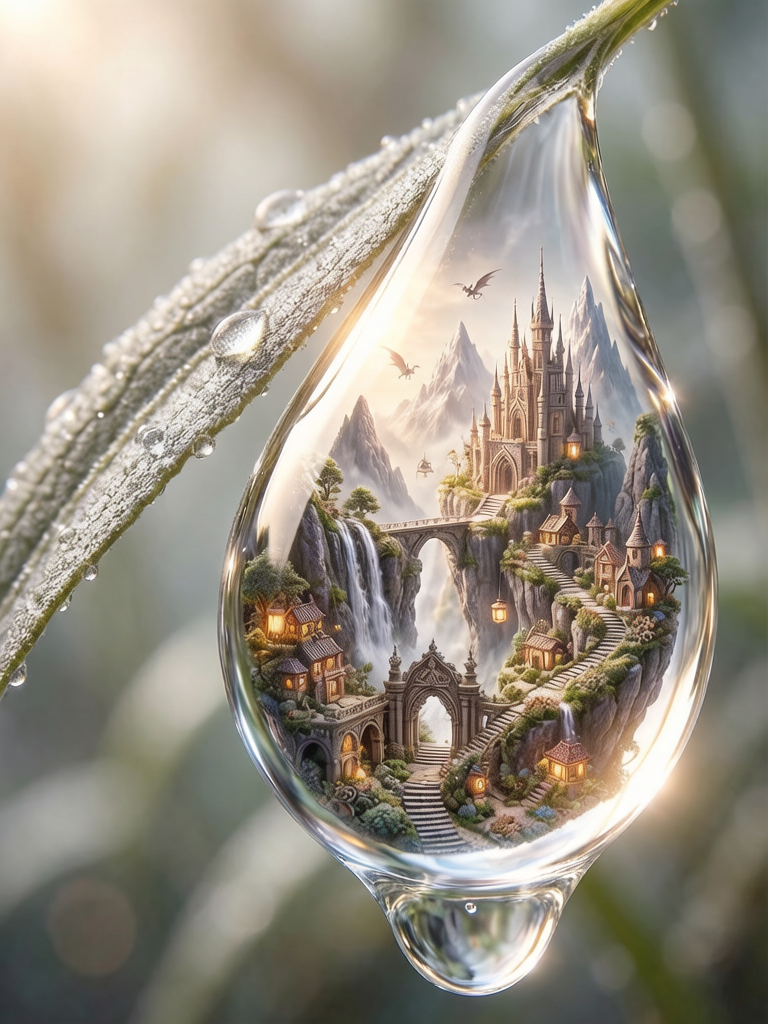 Crystal droplet on a leaf revealing a fantasy village with castle, bridge, and waterfall