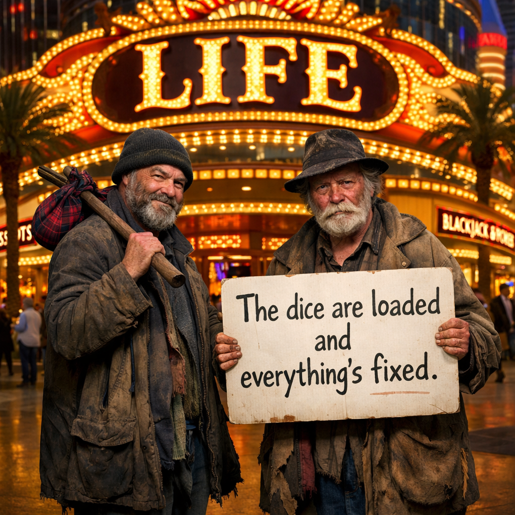 Two rugged, bearded men in worn coats hold a sign in front of a bright Las Vegas Life sign.