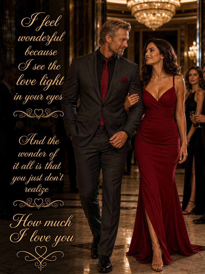 Elegant couple in a black suit and red gown strolling at a gala with a gold love-quote backdrop.