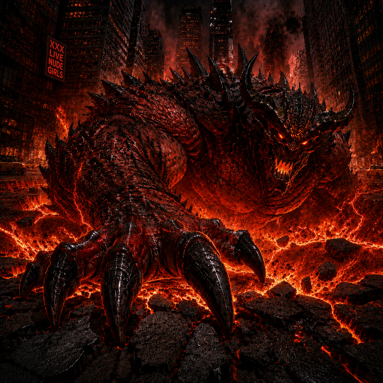 [Massive spiked horned kaiju demon rampages through a burning destroyed city, glowing lava cracking through street asphalt...
