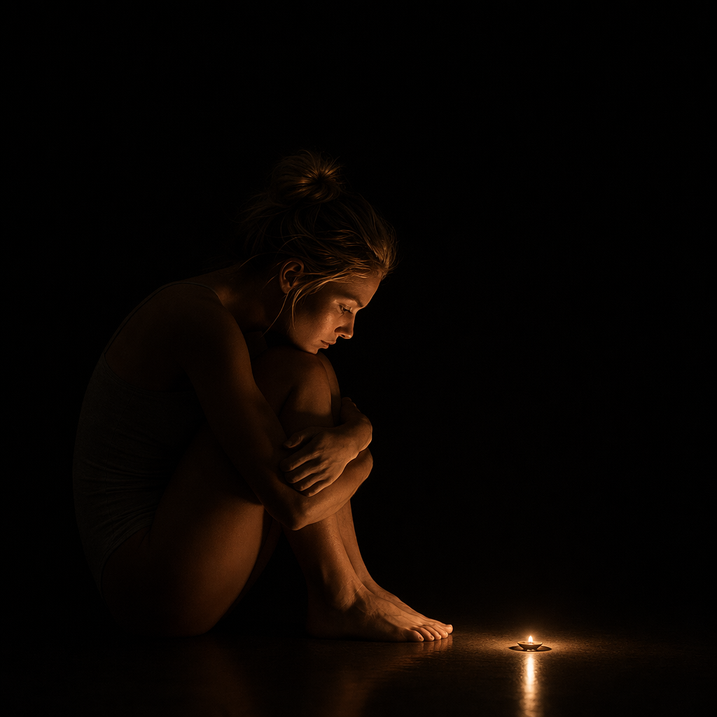 [Curled, bowed woman sits on a dark floor, illuminated only by the warm glow of a single tealight candle against a black b...