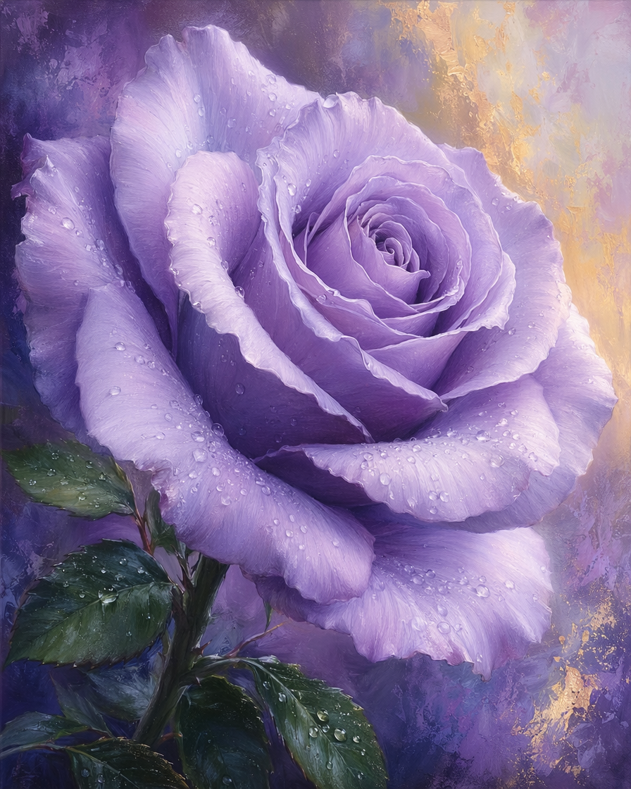 [Close-up painterly portrait of a soft lavender rose dotted with dewdrops, with green leaves against a blended purple and ...
