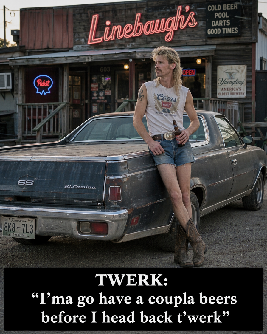 [Funny slang meme: mullet man leans on vintage El Camino outside a rural dive bar, with text defining "twerk" as a pre-wor...