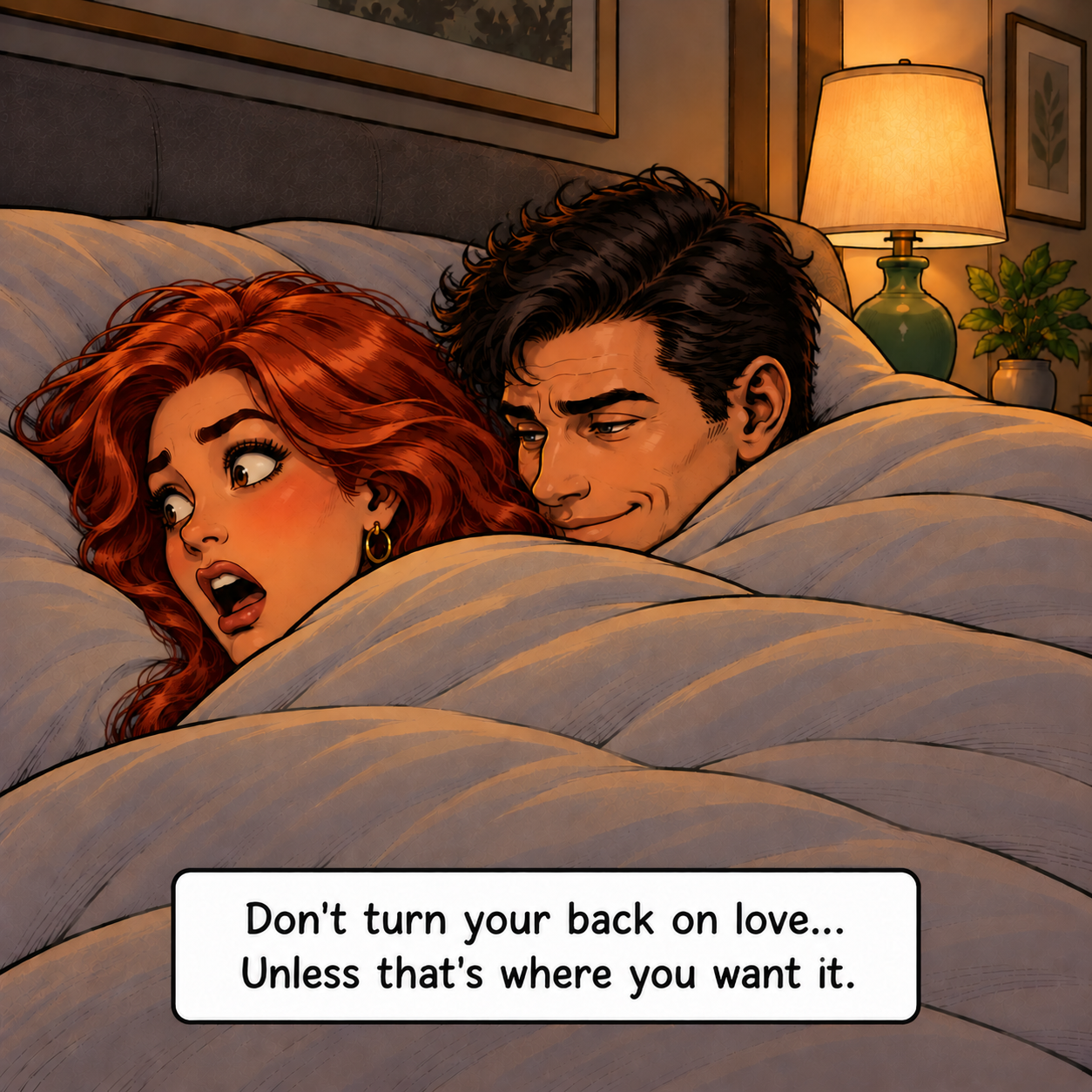 Surprised red-haired woman and smirking man lay in bed with a humorous relationship meme quote
