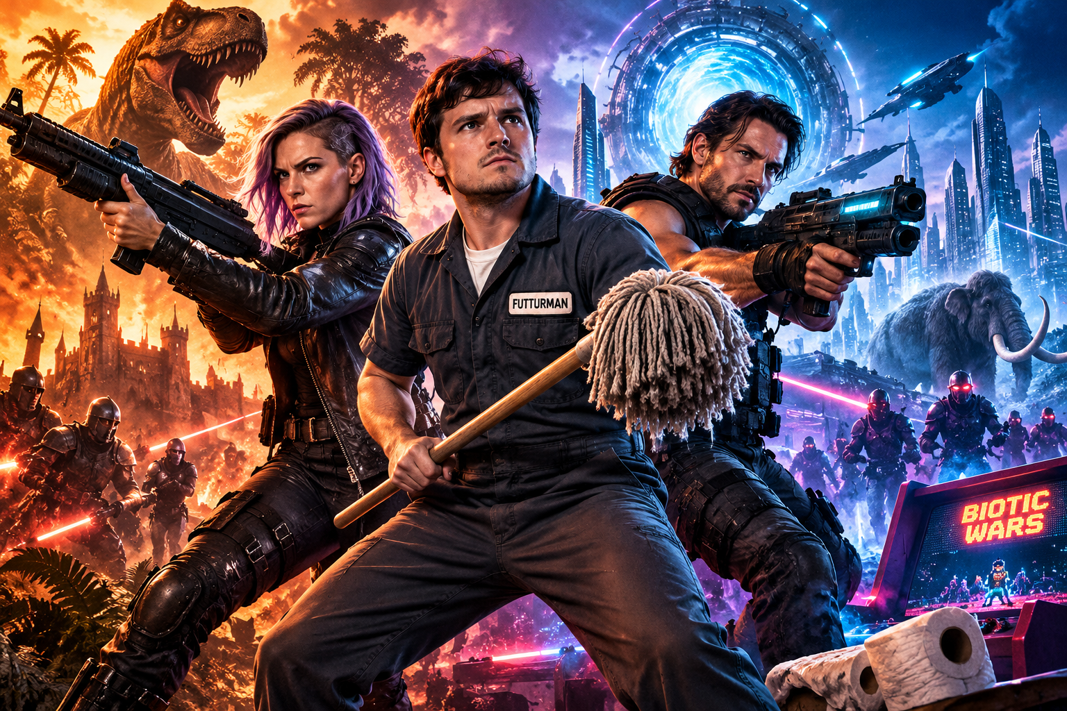 Three battle-ready protagonists, one holding a mop, stand between clashing fantasy and sci-fi worlds.