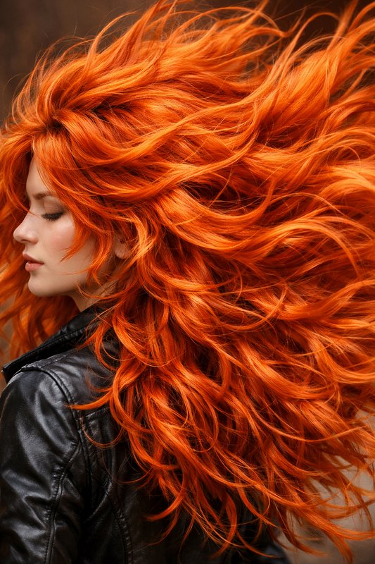 Side-profile woman with vivid orange hair flowing in the wind.