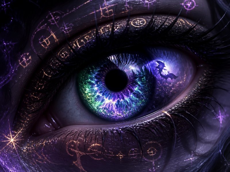 Close-up of a vibrant multicolor iris with cosmic glow and golden mystical patterns around the eye.