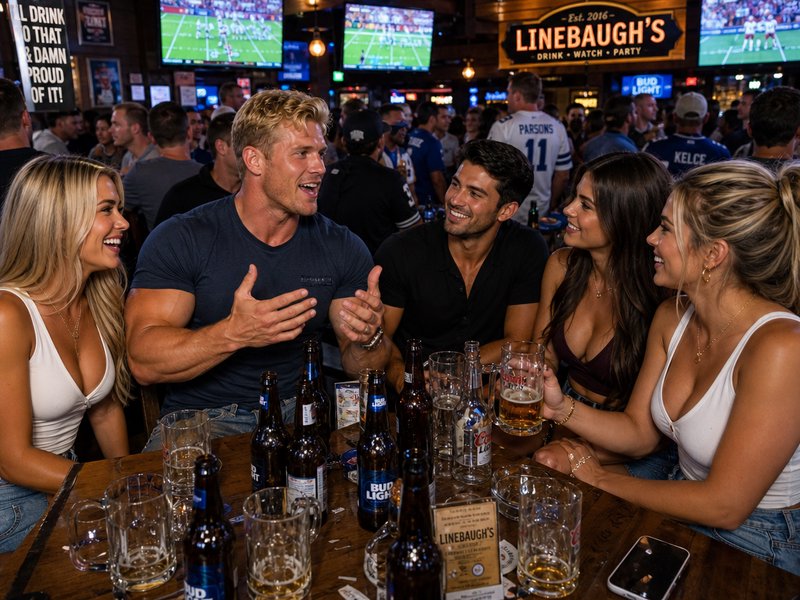 A group of friends at a crowded sports bar, laughing and chatting around a table with beers.
