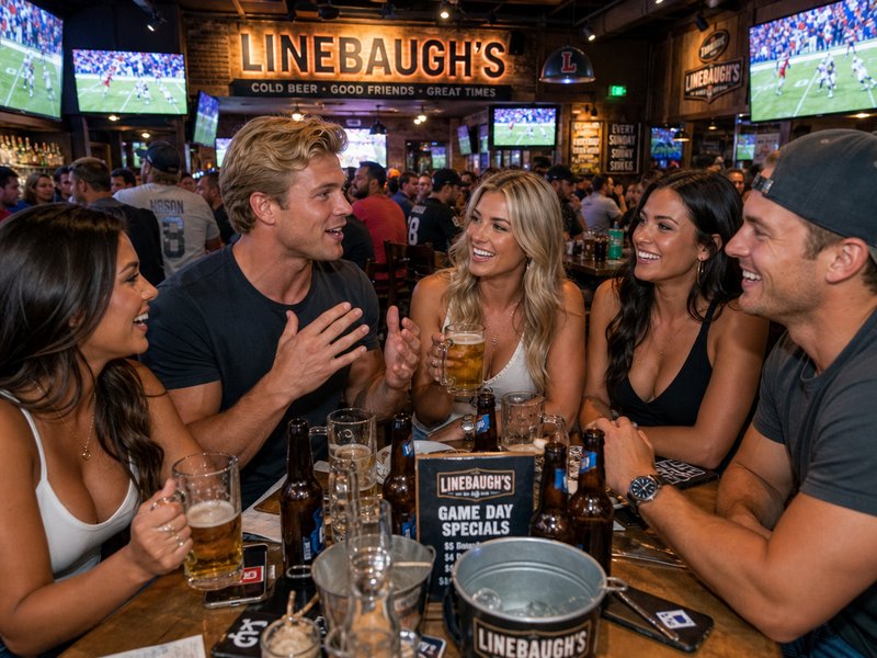 Group of friends at a sports bar around a beer-filled table, chatting and smiling.