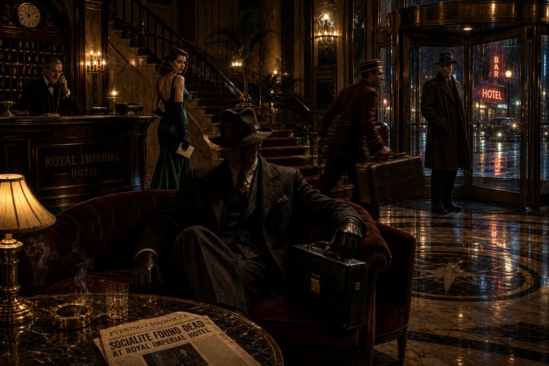 Dimly lit 1930s hotel lobby with suited men in fedoras, a glamorous woman, and a newspaper on a marble table.
