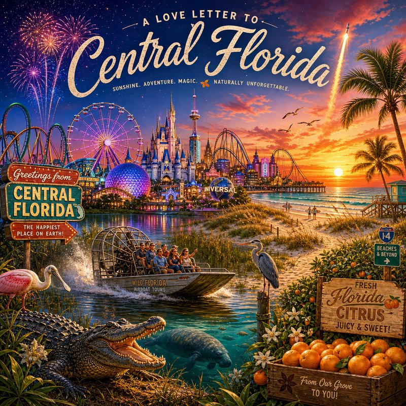 Colorful travel poster of Central Florida with theme parks, beaches, boats, and tropical oranges.