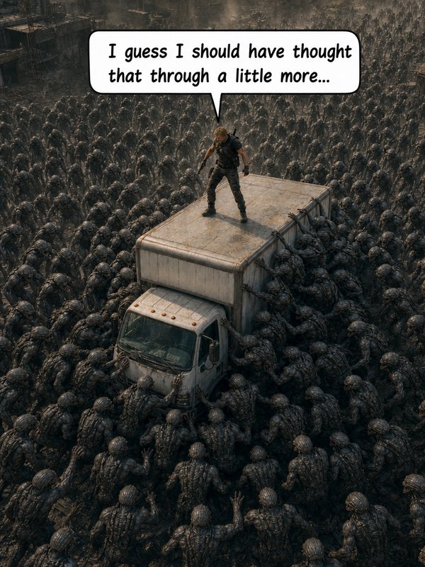 Man on a truck roof surrounded by a dense crowd of zombies in a post-apocalyptic scene.
