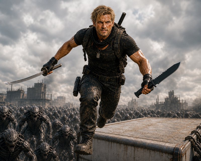 Action hero charging forward with dual swords atop a ruined rooftop amid a battlefield
