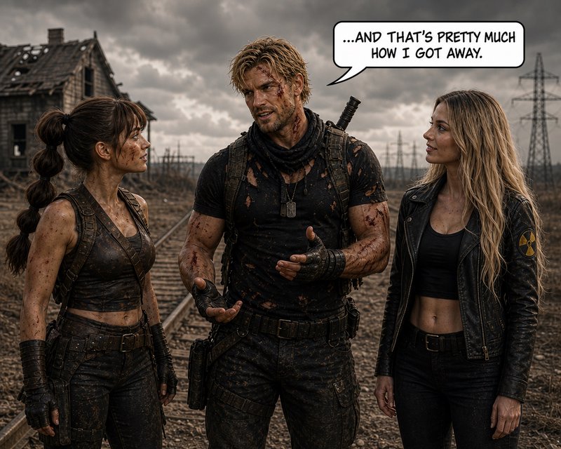 Three rugged survivors on muddy railroad tracks in a ruined landscape with a speech bubble.