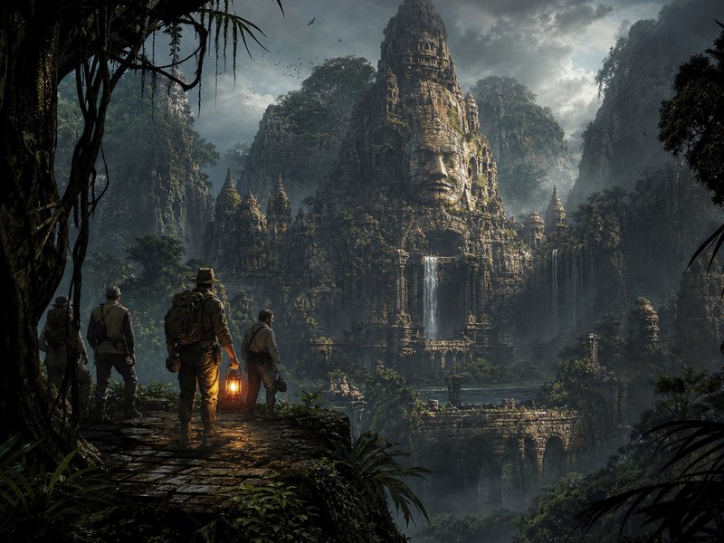 Explorers in a dense jungle approach a colossal ancient temple ruin with a carved stone face.