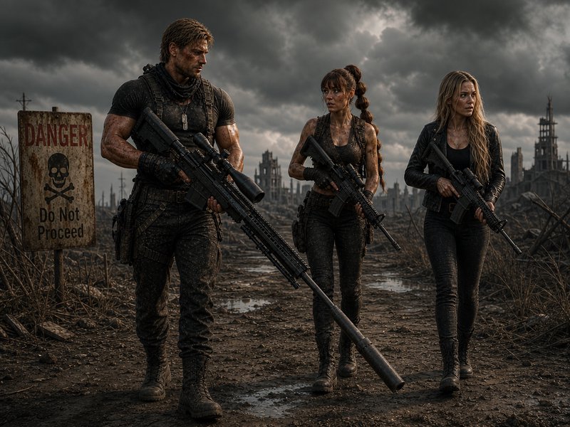 Three rugged survivors with large rifles walk through a ruined, muddy wasteland.