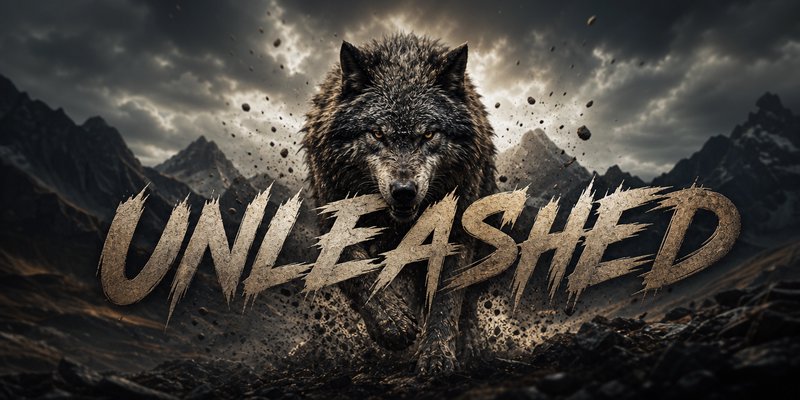 Powerful wolf emerging from mud with the rugged "UNLEASHED" title in a dramatic, mountainous scene.