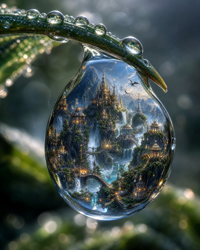 Glass teardrop pendant reflecting a magical fantasy city amid waterfalls.