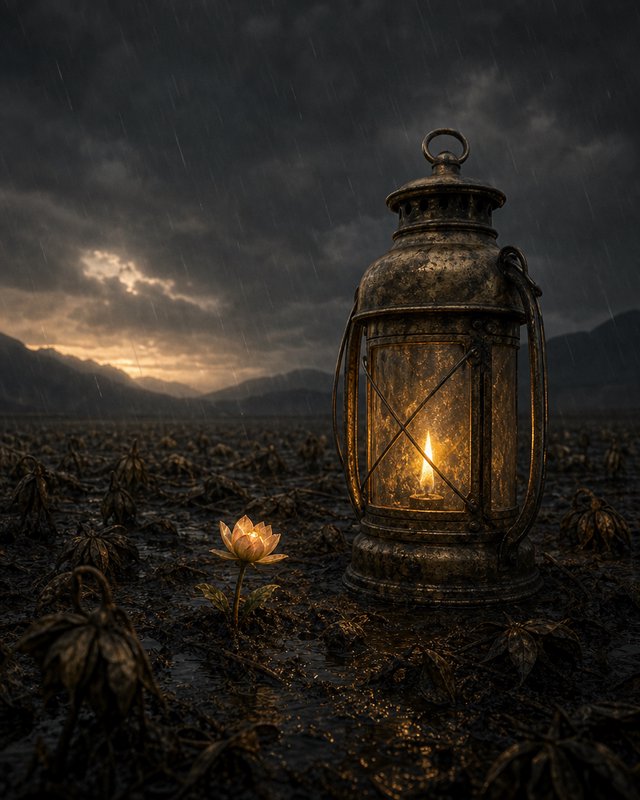 A weathered lantern glows beside a lone lotus flower in a rain-soaked, moody field at dusk.