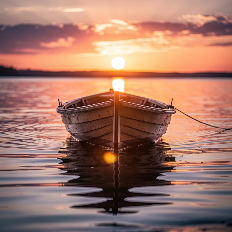 Weathered wooden rowboat moored on calm lake water, reflecting a fiery orange and pink sunset over the distant horizon.