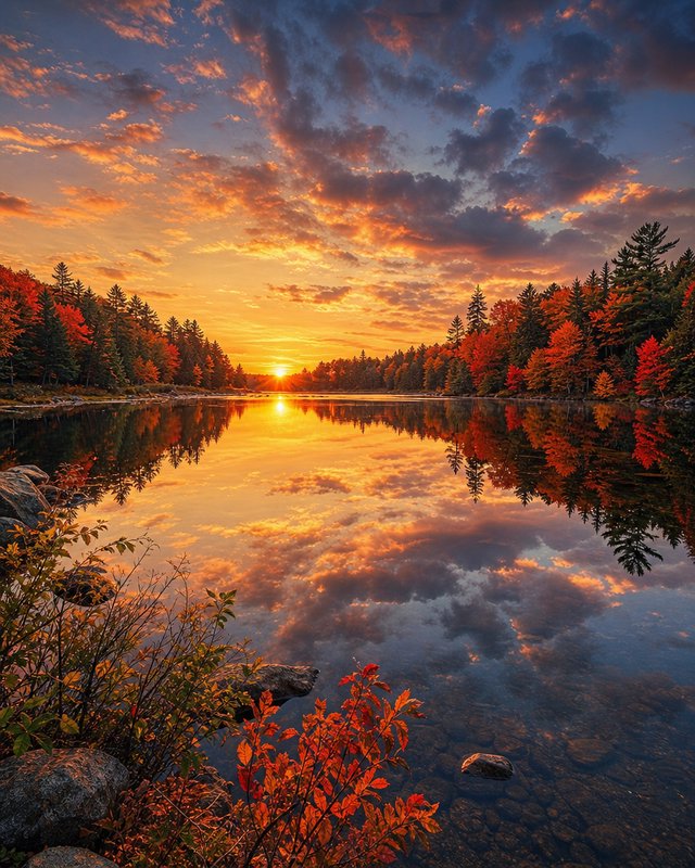 Fiery autumn sunset over a calm glassy lake, reflecting vibrant fall foliage and dramatic colorful sky clouds