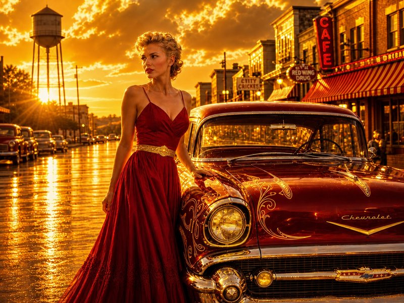 Glamorous woman in red evening gown leans on a customized vintage Chevrolet on a small town main street at golden sunset