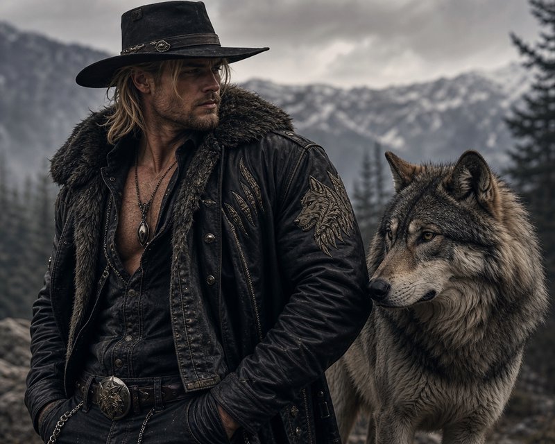 Rugged long-haired cowboy in a fur-lined leather jacket stands beside a large gray wolf in a misty mountain forest.