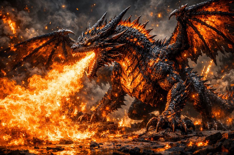 Menacing lava fire dragon breathing bright flames, standing on burning rocky ground amid smoky embers