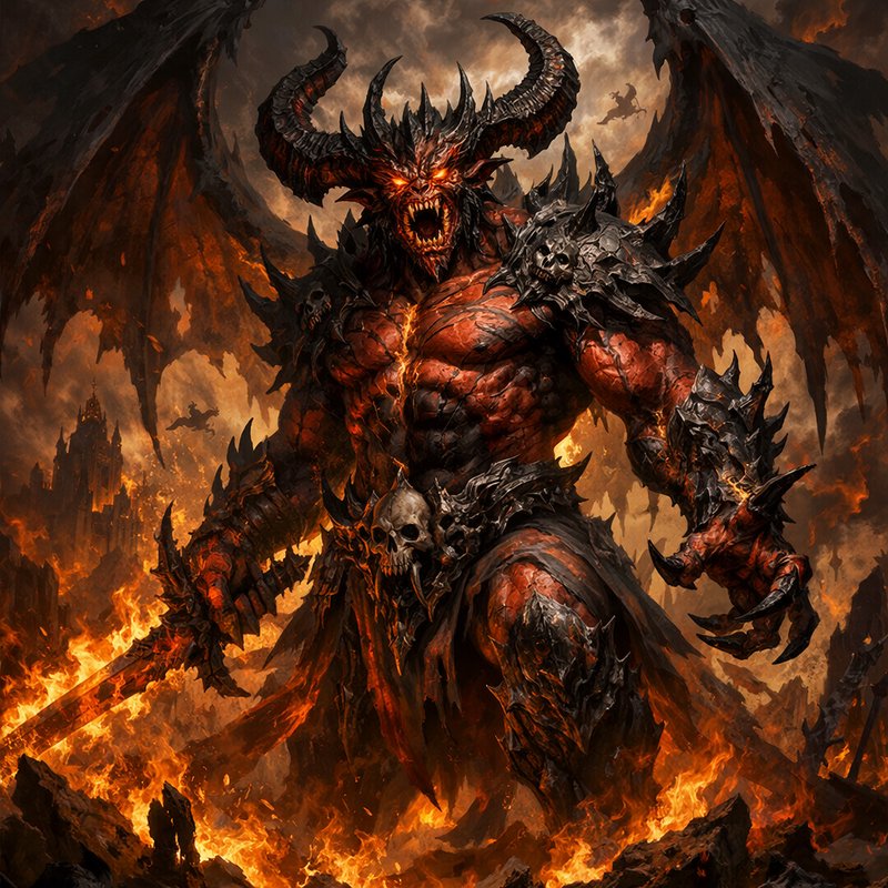Muscular horned demon lord with tattered bat wings holds a flaming sword, standing in raging hellfire against a stormy
