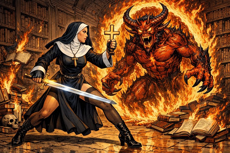Warrior nun holding holy cross and glowing sword faces a fiery horned demon in a burning library, comic art style.