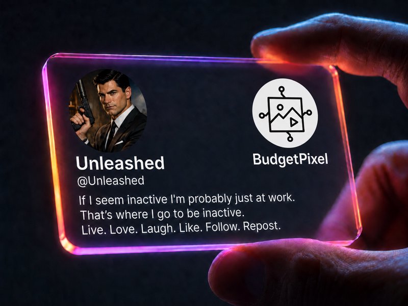 Hand holds a glowing neon-edged transparent acrylic social media profile card with spy avatar and humorous work bio.
