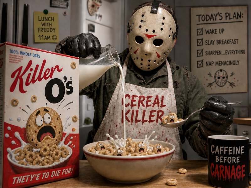 Jason Voorhees pours milk into a bowl of terrified Killer O's cereal in a humorous horror-themed kitchen scene