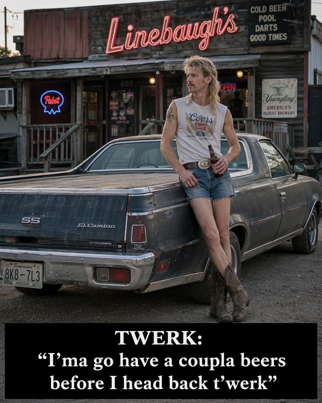 Funny slang meme: mullet man leans on vintage El Camino outside a rural dive bar, with text defining "twerk" as a