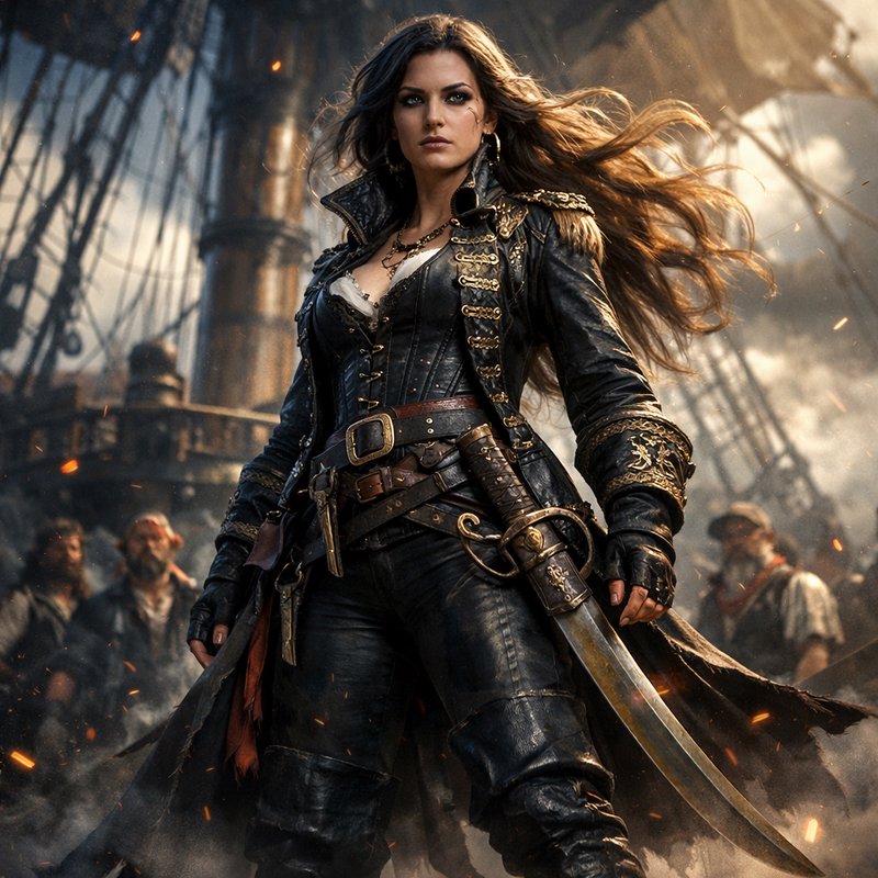 Formidable female pirate captain in ornate leather stands on her tall ship deck, wind whipping her hair, cutlass at her